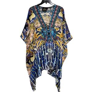 Asa Kaftans Womens Blue Yellow Crystal Embellished Lace Up Kaftan Top Small FLAW